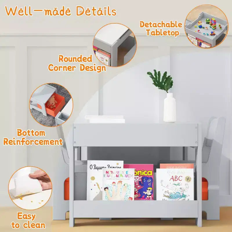 Ensemble table et chaises pour enfants, table d'activités en bois 4 en 1 et 2 chaises avec tiroir de rangement, plateau amovible pour le dessin, la lecture et les activités créatives des tout-petits et des enfants