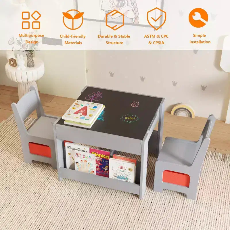 Ensemble table et chaises pour enfants, table d'activités en bois 4 en 1 et 2 chaises avec tiroir de rangement, plateau amovible pour le dessin, la lecture et les activités créatives des tout-petits et des enfants