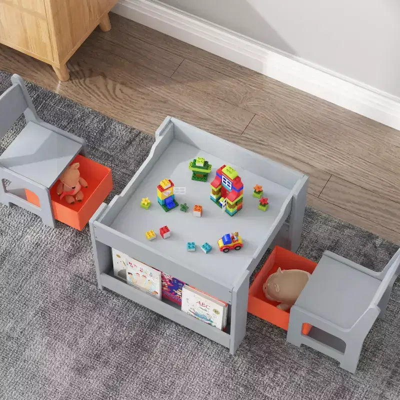 Ensemble table et chaises pour enfants, table d'activités en bois 4 en 1 et 2 chaises avec tiroir de rangement, plateau amovible pour le dessin, la lecture et les activités créatives des tout-petits et des enfants