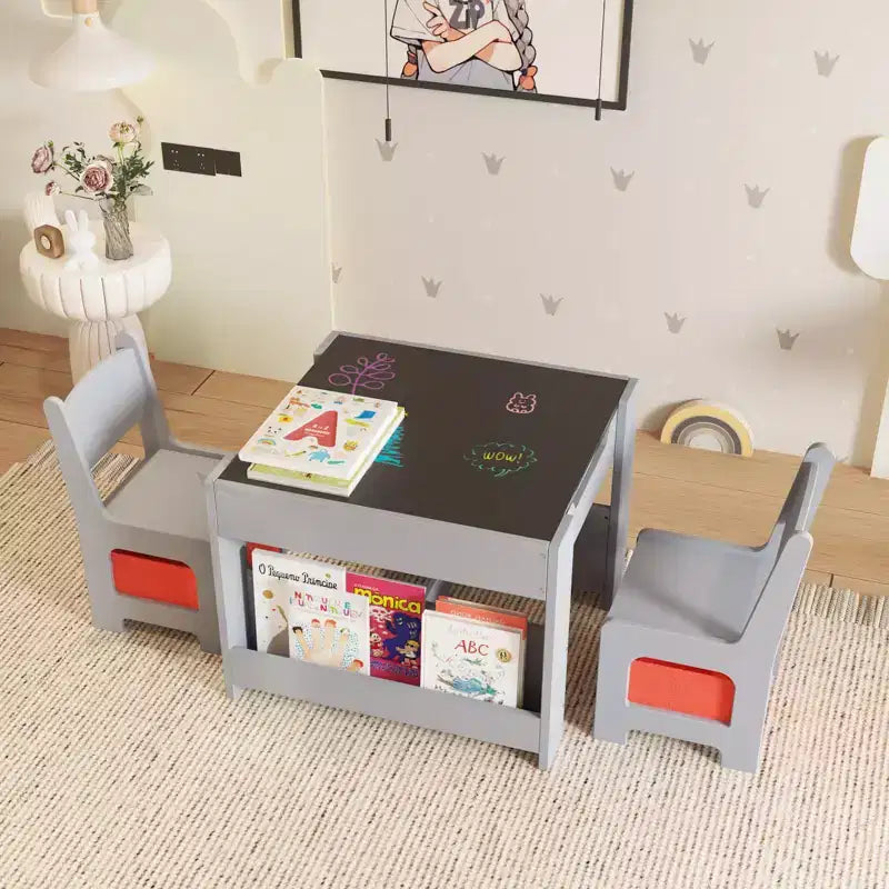 Kids Table and Chair Set, 4 in 1 Wooden Activity Table & 2 Chairs with Storage Drawer Detachable Tabletop for Toddlers Kids Drawing, Reading, Crafts