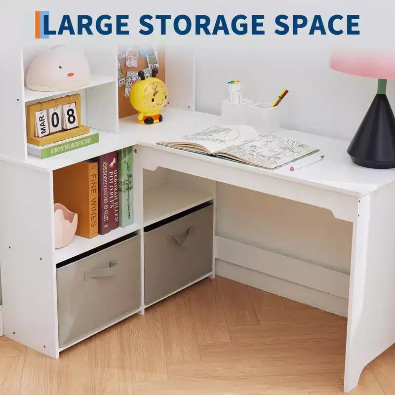 Bureau d'angle pour enfants, ensemble bureau et chaise pour enfants, table d'étude en L pour enfants - Caractéristiques tableau d'affichage étagères ouvertes et armoires de rangement