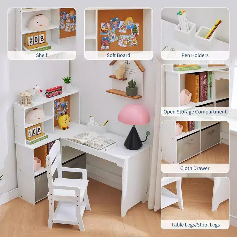 Bureau d'angle pour enfants, ensemble bureau et chaise pour enfants, table d'étude en L pour enfants - Caractéristiques tableau d'affichage étagères ouvertes et armoires de rangement