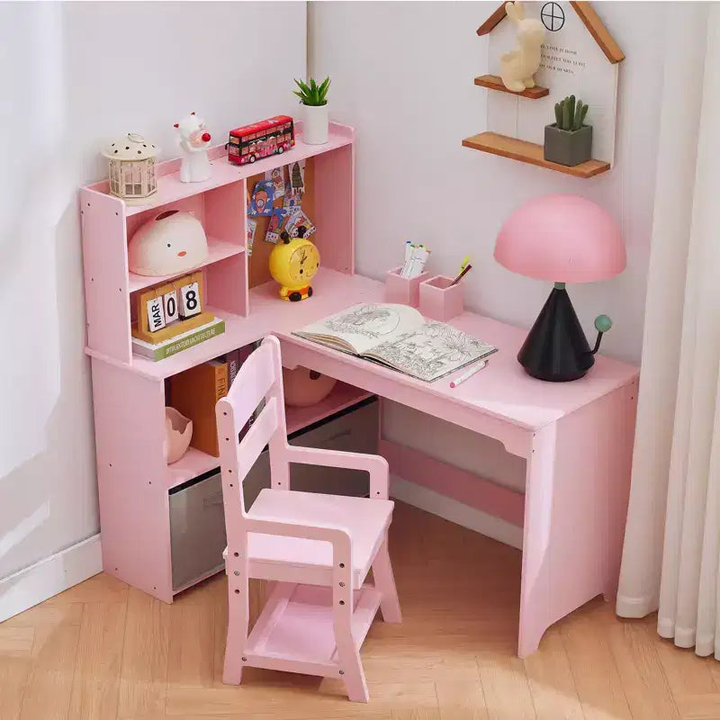 Kids Corner Desk, Desk and Chair Set for Children, L Shape Kids Study Table - Features Bulletin Board Open Shelves & Storage Cabinets