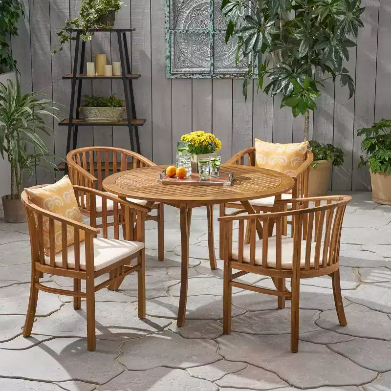 Christopher Knight Home Devin 5 Piece Patio Dining Set with Slatted Acacia Wood Design and Water-Resistant Cushions