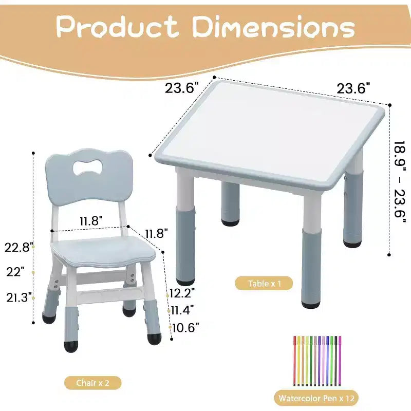 CuisinSmart Ensemble Table et 2 chaises pour enfants, de 2 à 10 ans, Ensemble table et chaises pour tout-petits réglable en hauteur, Gris bleu