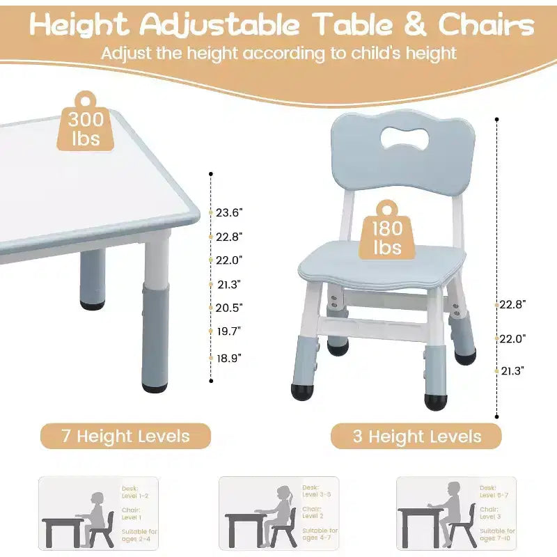 CuisinSmart Ensemble Table et 2 chaises pour enfants, de 2 à 10 ans, Ensemble table et chaises pour tout-petits réglable en hauteur, Gris bleu