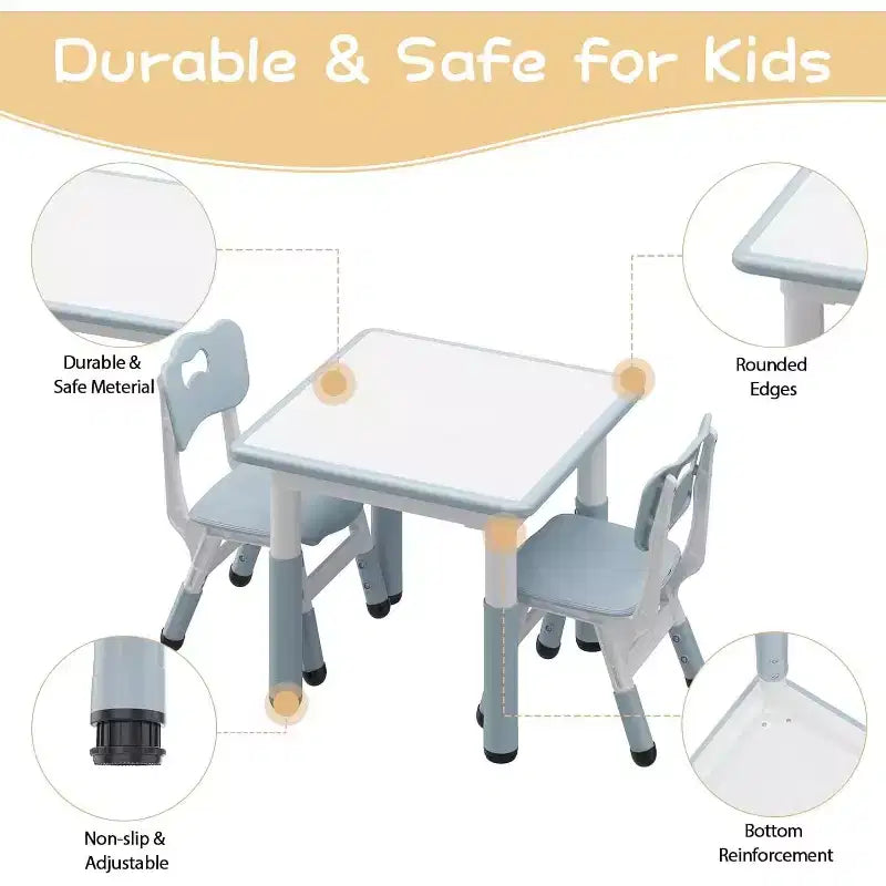 CuisinSmart Ensemble Table et 2 chaises pour enfants, de 2 à 10 ans, Ensemble table et chaises pour tout-petits réglable en hauteur, Gris bleu
