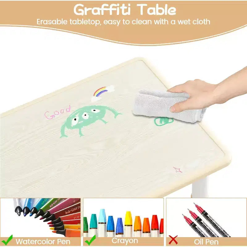 Ensemble table et 4 chaises CuisinSmart pour enfants, hauteur réglable, pour les 2-10 ans, plateau de table anti-graffitis, pieds antidérapants, coloris naturel