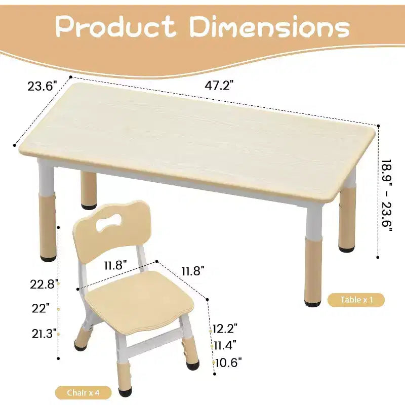 Ensemble table et 4 chaises CuisinSmart pour enfants, hauteur réglable, pour les 2-10 ans, plateau de table anti-graffitis, pieds antidérapants, coloris naturel