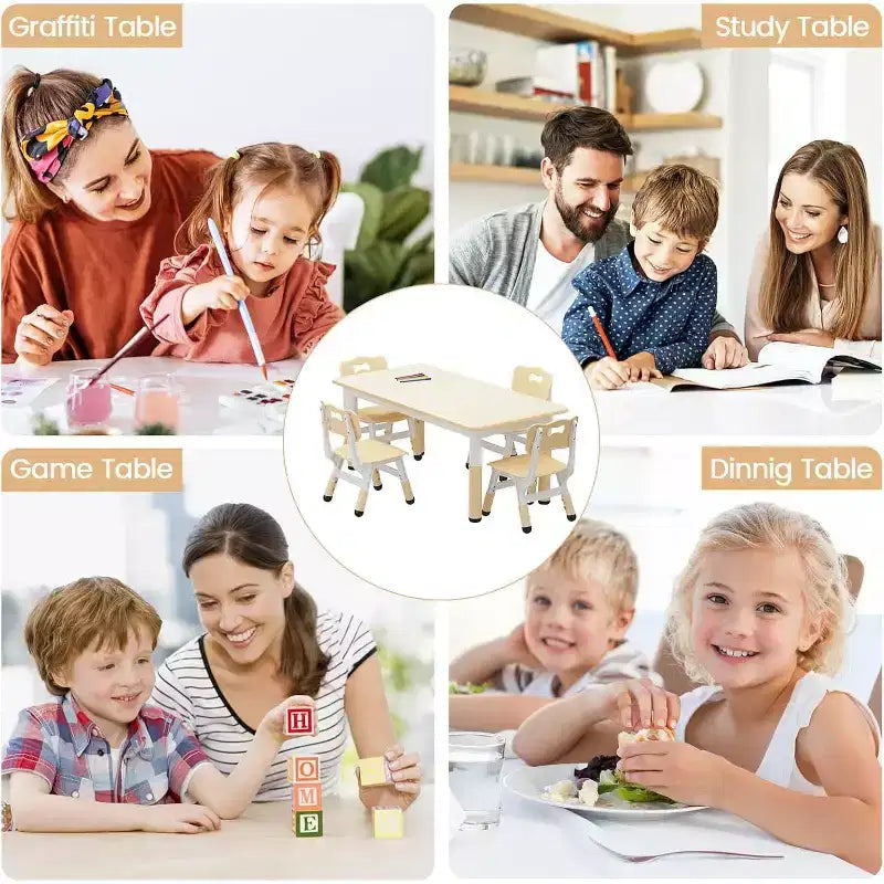 Ensemble table et 4 chaises CuisinSmart pour enfants, hauteur réglable, pour les 2-10 ans, plateau de table anti-graffitis, pieds antidérapants, coloris naturel