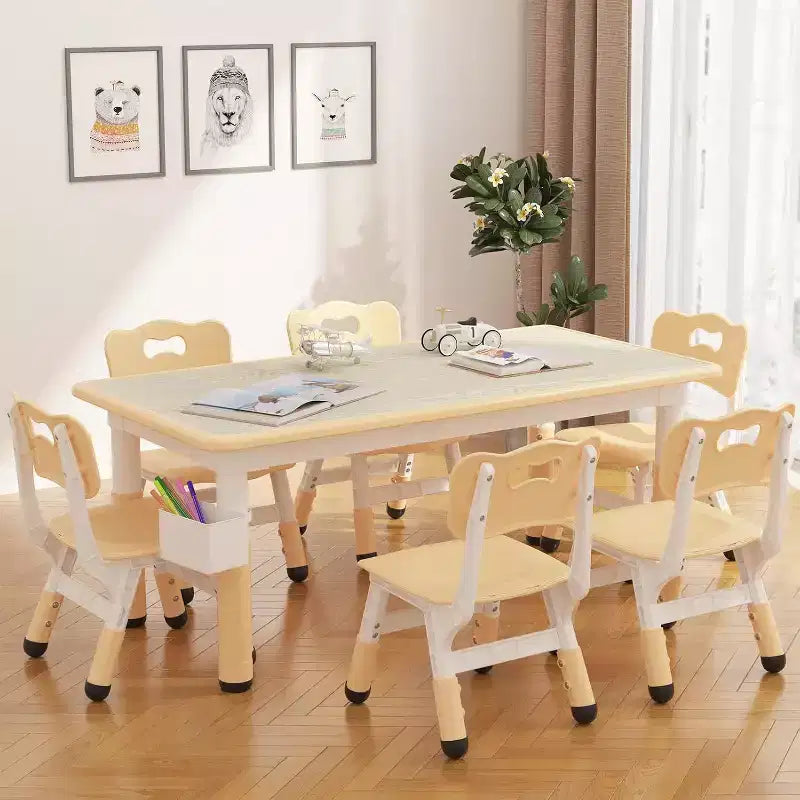 Ensemble table et 6 chaises pour enfants CuisinSmart avec boîte de rangement, ensemble table et chaises réglables en hauteur pour tout-petits, plateau de table graffiti, pieds antidérapants, couleur naturelle