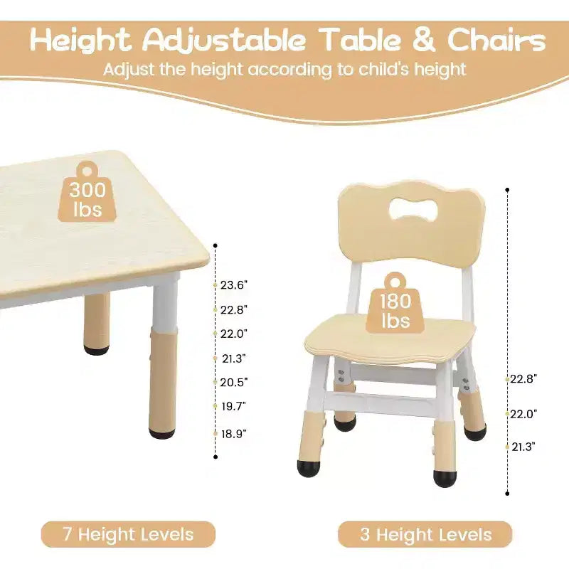 Ensemble table et 6 chaises pour enfants CuisinSmart avec boîte de rangement, ensemble table et chaises réglables en hauteur pour tout-petits, plateau de table graffiti, pieds antidérapants, couleur naturelle