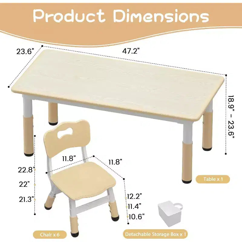 Ensemble table et 6 chaises pour enfants CuisinSmart avec boîte de rangement, ensemble table et chaises réglables en hauteur pour tout-petits, plateau de table graffiti, pieds antidérapants, couleur naturelle