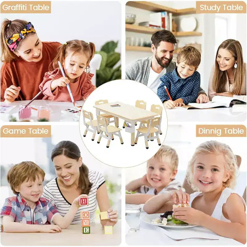 Ensemble table et 6 chaises pour enfants CuisinSmart avec boîte de rangement, ensemble table et chaises réglables en hauteur pour tout-petits, plateau de table graffiti, pieds antidérapants, couleur naturelle