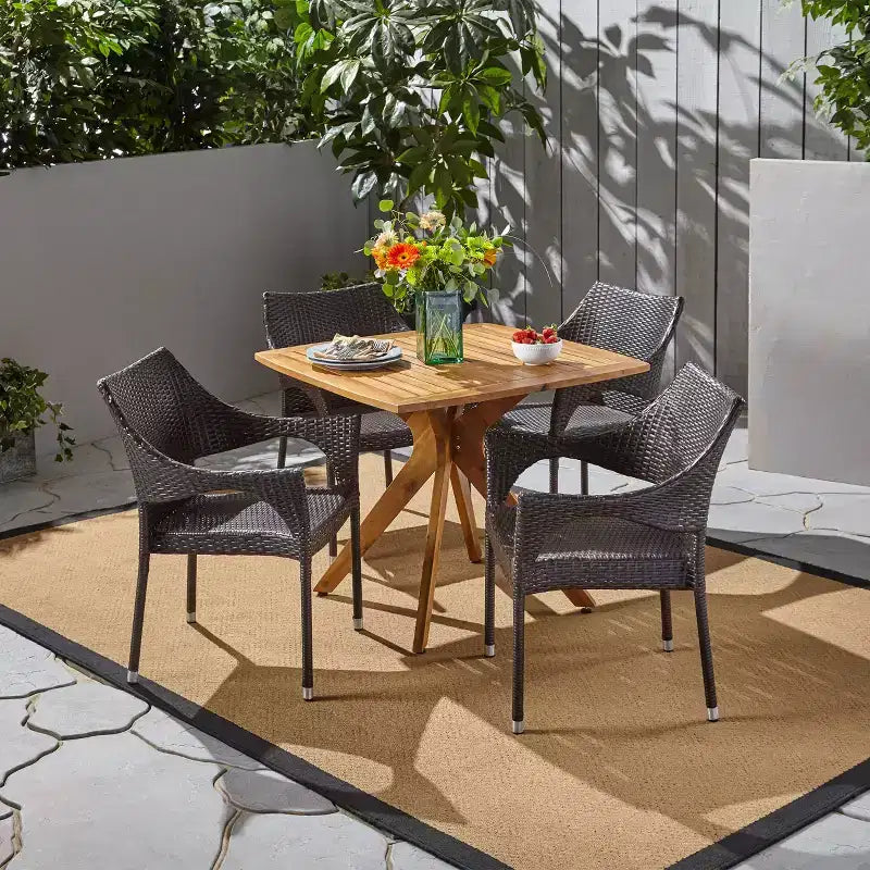 Christopher Knight Home Laura 5 Piece Rattan and Iron Dining Set with X Base Acacia Wood Table