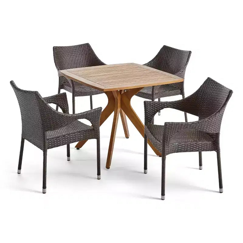 Christopher Knight Home Laura Ensemble de salle à manger 5 pièces en rotin et fer avec table en bois d'acacia à piètement en X