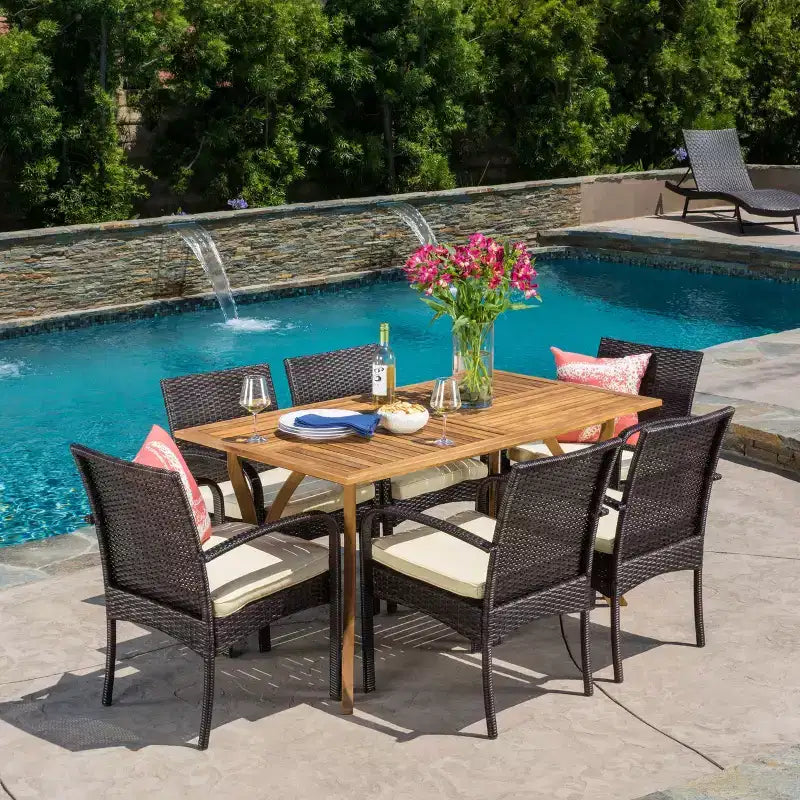 Christopher Knight Home Caraga Outdoor Acacia Wood and Wicker 7 Piece Dining Set with Cushion