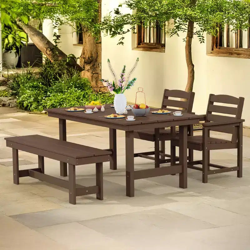 Hyleory - Ensemble repas de terrasse 4 pièces en PEHD recyclé - Table rectangulaire et trou pour parasol, banc de salle à manger, 2 fauteuils de terrasse