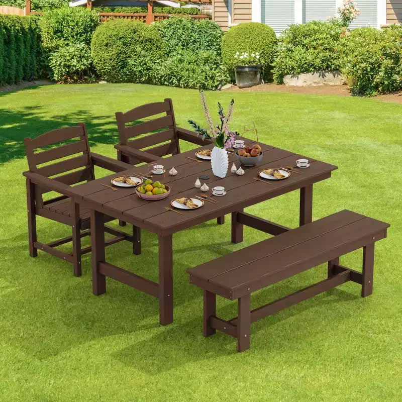 Hyleory - Ensemble repas de terrasse 4 pièces en PEHD recyclé - Table rectangulaire et trou pour parasol, banc de salle à manger, 2 fauteuils de terrasse