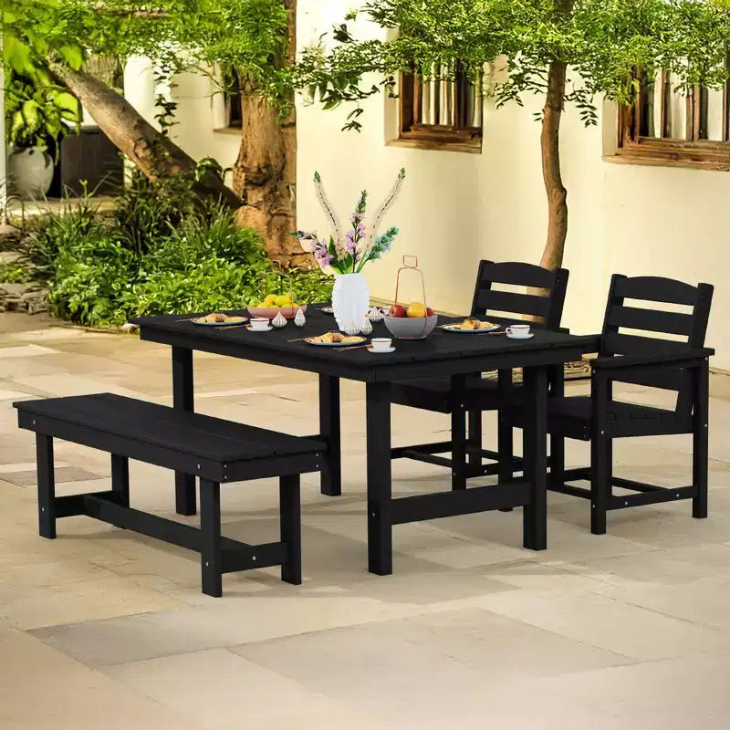 Hyleory - Ensemble repas de terrasse 4 pièces en PEHD recyclé - Table rectangulaire et trou pour parasol, banc de salle à manger, 2 fauteuils de terrasse
