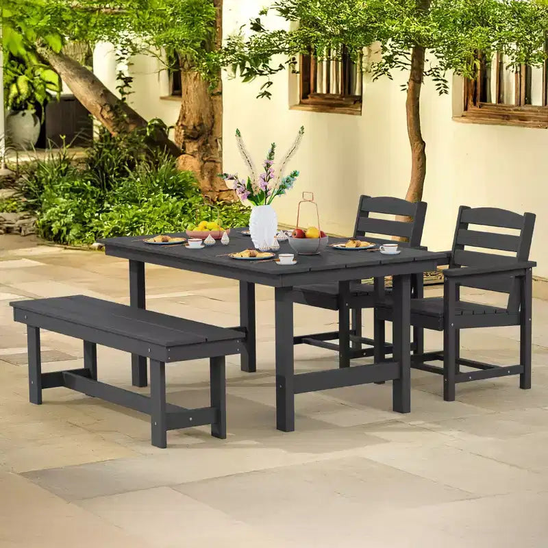 Hyleory - Ensemble repas de terrasse 4 pièces en PEHD recyclé - Table rectangulaire et trou pour parasol, banc de salle à manger, 2 fauteuils de terrasse