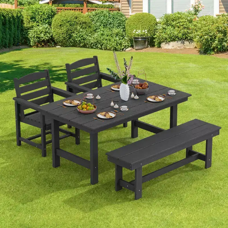 Hyleory - Ensemble repas de terrasse 4 pièces en PEHD recyclé - Table rectangulaire et trou pour parasol, banc de salle à manger, 2 fauteuils de terrasse