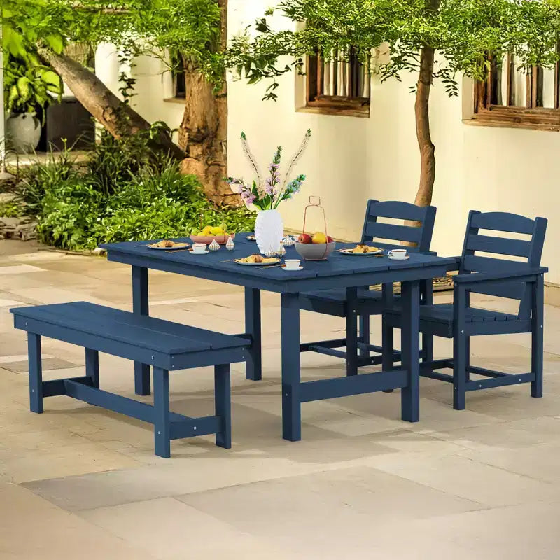 Hyleory - Ensemble repas de terrasse 4 pièces en PEHD recyclé - Table rectangulaire et trou pour parasol, banc de salle à manger, 2 fauteuils de terrasse