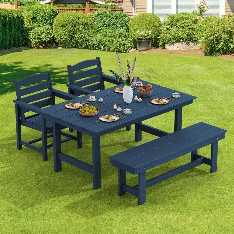 Hyleory - Ensemble repas de terrasse 4 pièces en PEHD recyclé - Table rectangulaire et trou pour parasol, banc de salle à manger, 2 fauteuils de terrasse