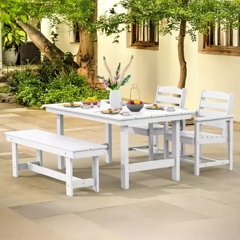 Hyleory - Ensemble repas de terrasse 4 pièces en PEHD recyclé - Table rectangulaire et trou pour parasol, banc de salle à manger, 2 fauteuils de terrasse