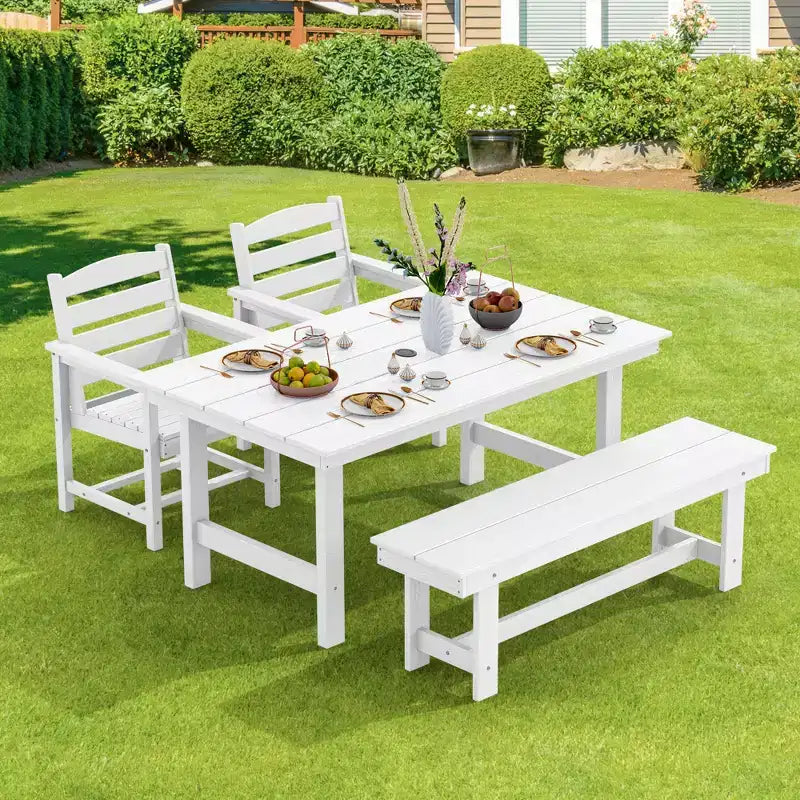 Hyleory - Ensemble repas de terrasse 4 pièces en PEHD recyclé - Table rectangulaire et trou pour parasol, banc de salle à manger, 2 fauteuils de terrasse