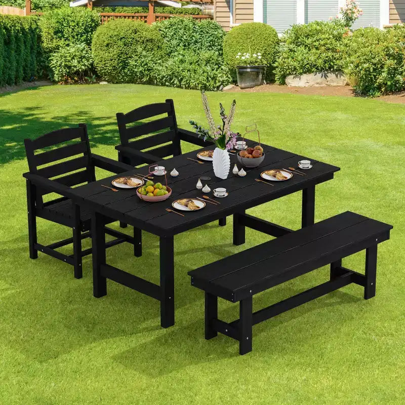 Hyleory - Ensemble repas de terrasse 4 pièces en PEHD recyclé - Table rectangulaire et trou pour parasol, banc de salle à manger, 2 fauteuils de terrasse