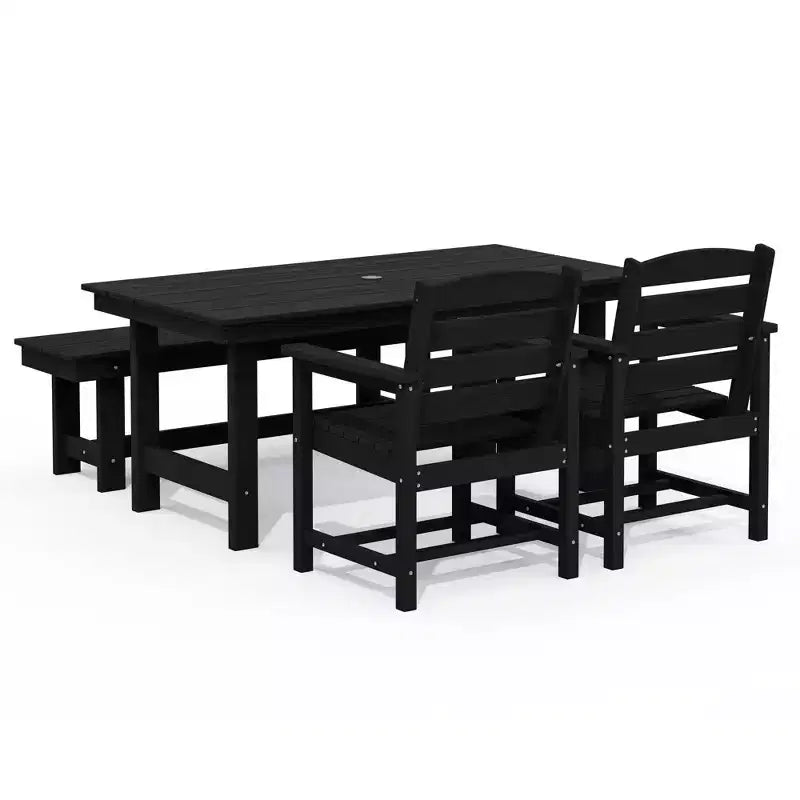 Hyleory Recycled HDPE 4pc Patio Dining Set - Rectangular Table & Umbrella Hole,Patio Dining Bench,2 Patio Armchairs