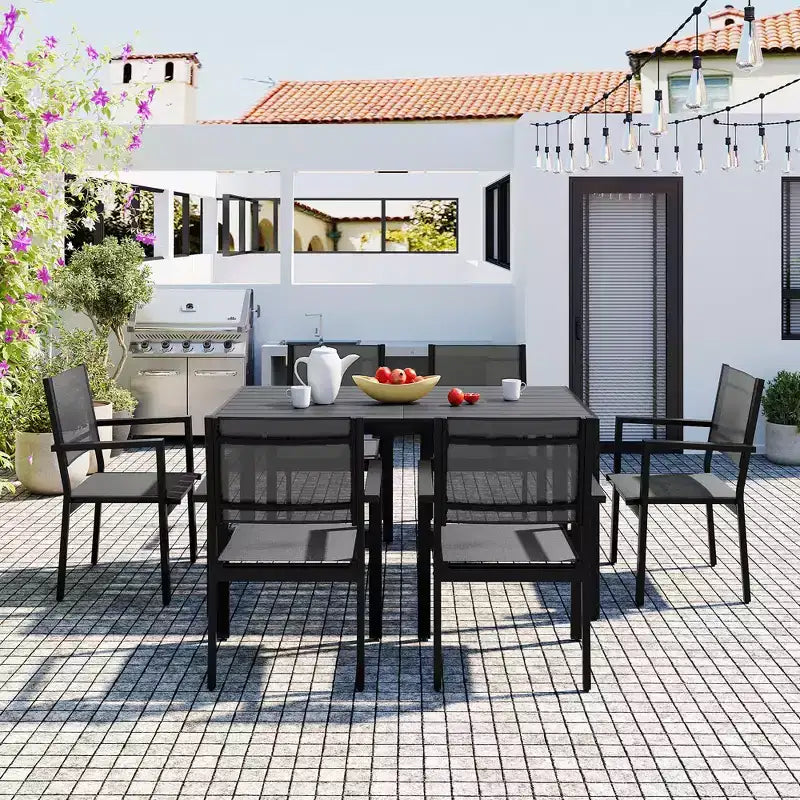 CLIHOME Ensemble de table et chaises d'extérieur en acier 7 pièces, Ensembles de salle à manger de patio pour patio, balcon, arrière-cour
