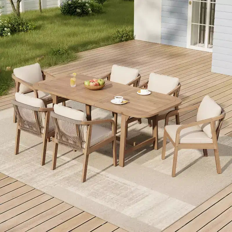 Christopher Knight Home Olcott 7 Piece Outdoor Acacia Wood Dining Set with Expandable Table and Rope Woven Armchairs