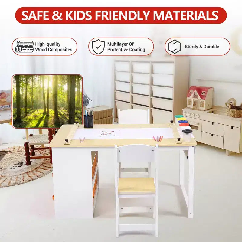 Table et ensemble de tabourets d'art CuisinSmart pour enfants, table d'activités en bois pour tout-petits avec bacs de rangement, bureau de dessin, artisanat en bois pour enfants