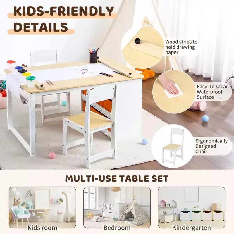 Table et ensemble de tabourets d'art CuisinSmart pour enfants, table d'activités en bois pour tout-petits avec bacs de rangement, bureau de dessin, artisanat en bois pour enfants