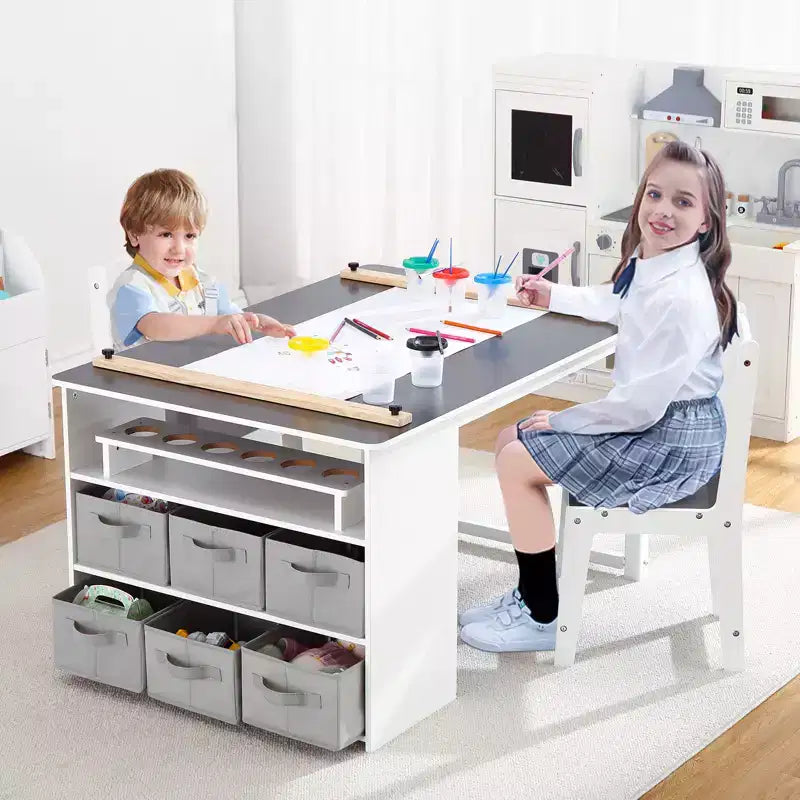 Table et ensemble de tabourets d'art CuisinSmart pour enfants, table d'activités en bois pour tout-petits avec bacs de rangement, bureau de dessin, artisanat en bois pour enfants