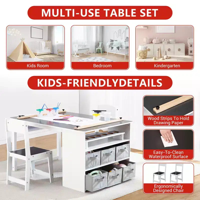 Table et ensemble de tabourets d'art CuisinSmart pour enfants, table d'activités en bois pour tout-petits avec bacs de rangement, bureau de dessin, artisanat en bois pour enfants