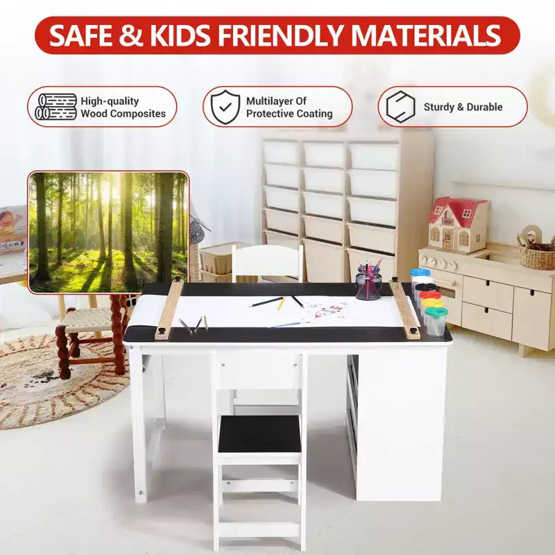 Table et ensemble de tabourets d'art CuisinSmart pour enfants, table d'activités en bois pour tout-petits avec bacs de rangement, bureau de dessin, artisanat en bois pour enfants