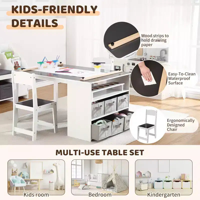 Table et ensemble de tabourets d'art CuisinSmart pour enfants, table d'activités en bois pour tout-petits avec bacs de rangement, bureau de dessin, artisanat en bois pour enfants