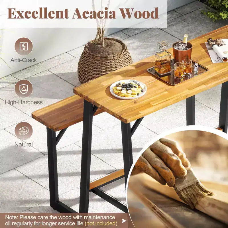 Ensemble table de pique-nique et banc Costway avec plateau et banc en bois d'acacia, repose-pieds intégrés