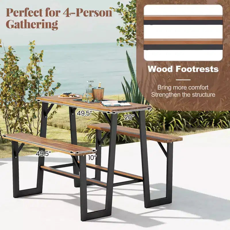 Ensemble table de pique-nique et banc Costway avec plateau et banc en bois d'acacia, repose-pieds intégrés