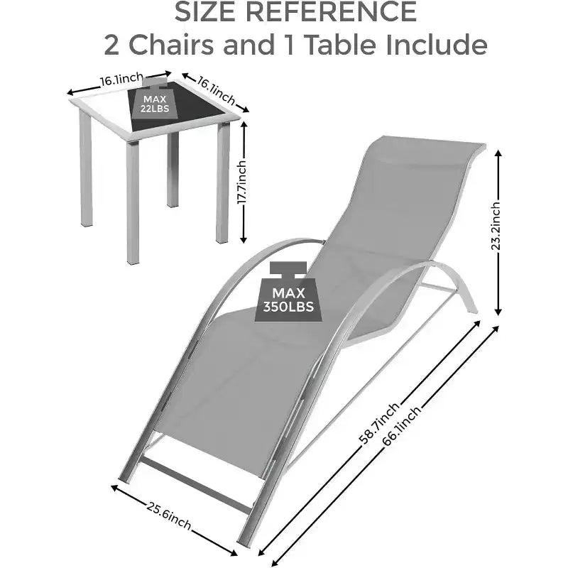 Ensemble de 3 chaises longues de patio, chaises longues d'extérieur pour piscine/plage avec accoudoirs et table d'appoint, pour le bord de la piscine, le jardin