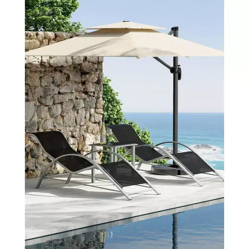 Ensemble de 3 chaises longues de patio, chaises longues d'extérieur pour piscine/plage avec accoudoirs et table d'appoint, pour le bord de la piscine, le jardin