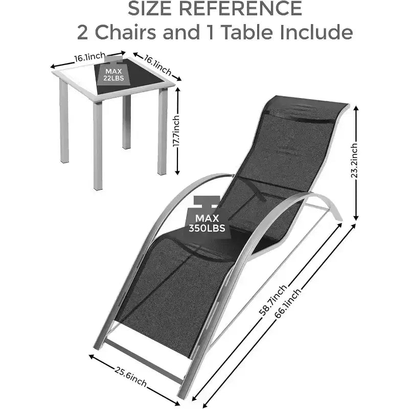 Ensemble de 3 chaises longues de patio, chaises longues d'extérieur pour piscine/plage avec accoudoirs et table d'appoint, pour le bord de la piscine, le jardin
