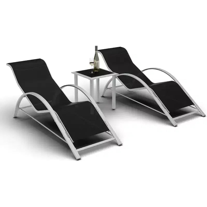Ensemble de 3 chaises longues de patio, chaises longues d'extérieur pour piscine/plage avec accoudoirs et table d'appoint, pour le bord de la piscine, le jardin