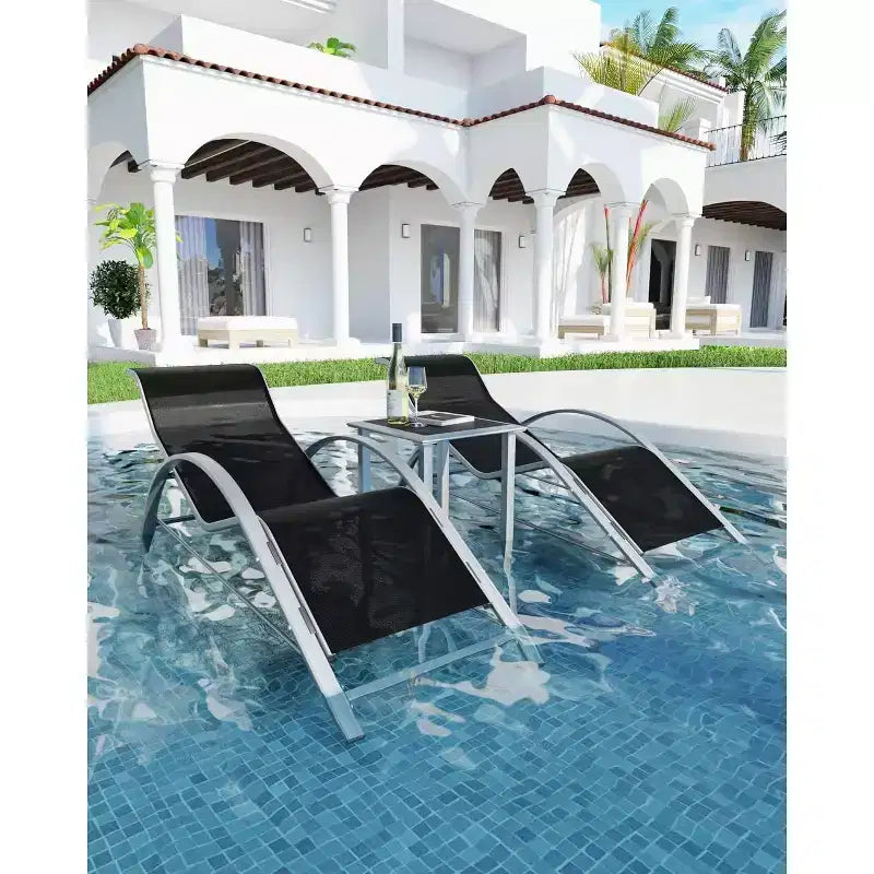 Patio Chaise Lounge Set of 3, Outdoor Pool/Beach Sunbathing Lawn Lounger with Arm & Side Table, for Poolside, Backyard