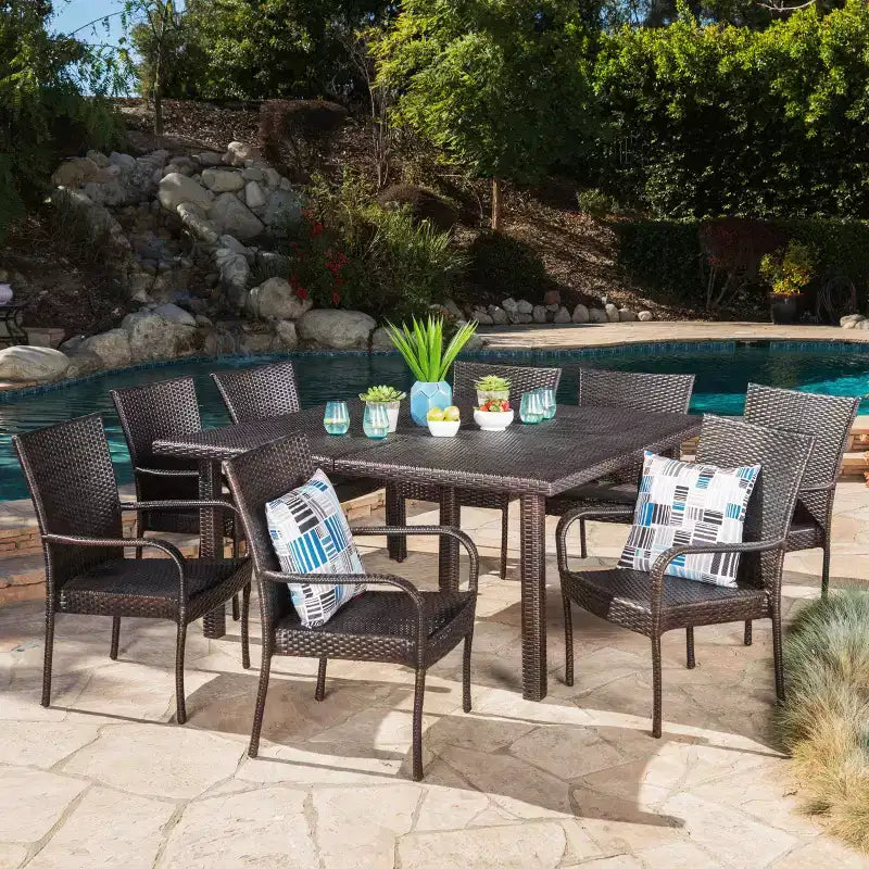 Christopher Knight Home Kama 9 Piece Outdoor Wicker Patio Dining Set with 64 Square Table and Stackable Chairs