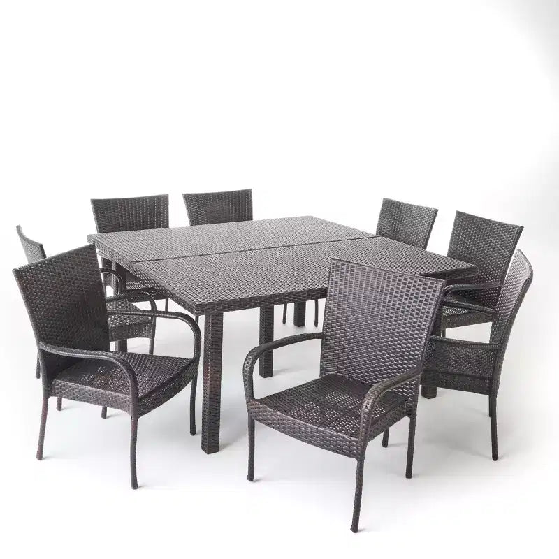 Christopher Knight Home Kama Ensemble de salle à manger d'extérieur 9 pièces en osier avec table carrée de 64 po et chaises empilables