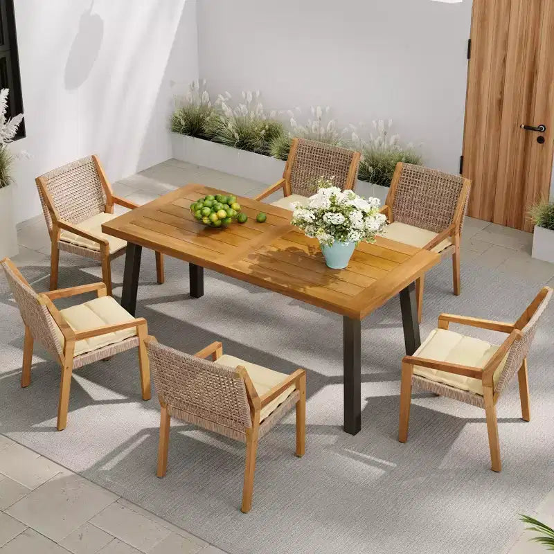 NAYSAYE Ensembles de Repas de Jardin Table Extérieure en Bois d'Acacia avec Chaises en Rotin et Coussins pour Jardin, Patio, Terrasse, Teck, 23.5*21.25*32